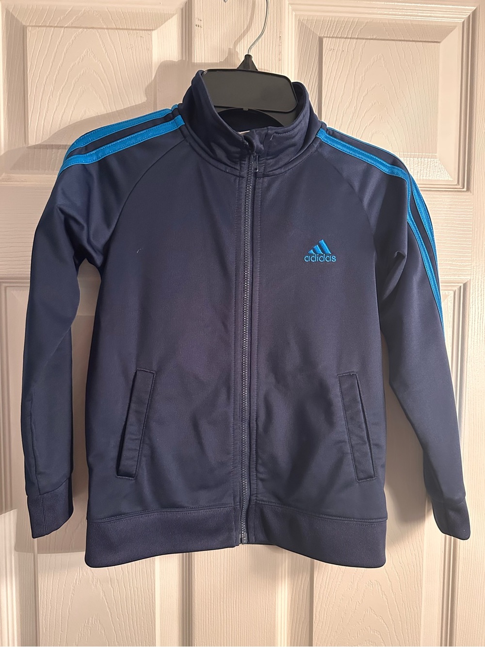 Kids Adidas Navy Jacket with Bright Blue Stripes